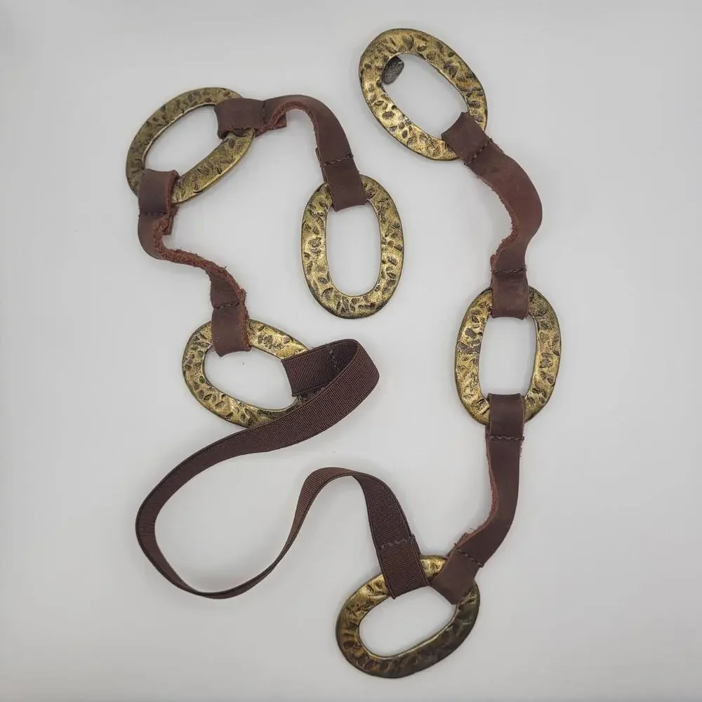 Leatherock Belt‎ Brown Leather Hammered Oval Medallion Boho USA Western Cowgirl
